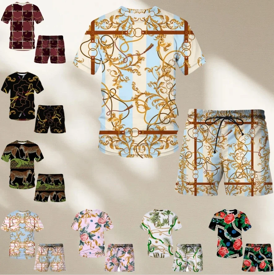 

25-26 Hot Selling Trend Fashion Luxury 3D Printing Design Outdoor Travel Men's Suit Breathable Quick Drying Short Sleeve Shorts