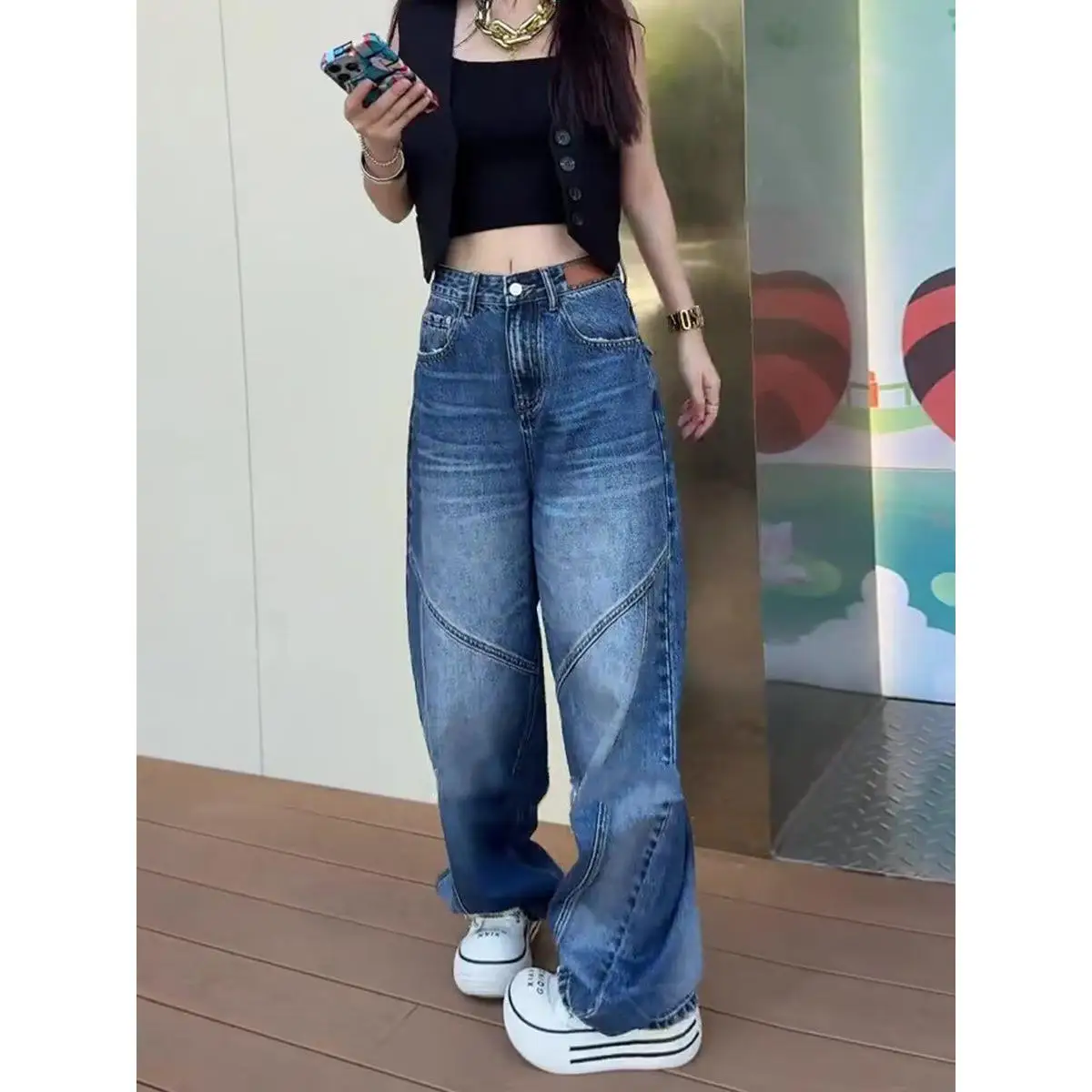 

High Waist Wide Leg Jeans Women's Loose Straight Slimming Floor-Length Pants Spring Autumn Denim Trousers Casual Cotton Polye...