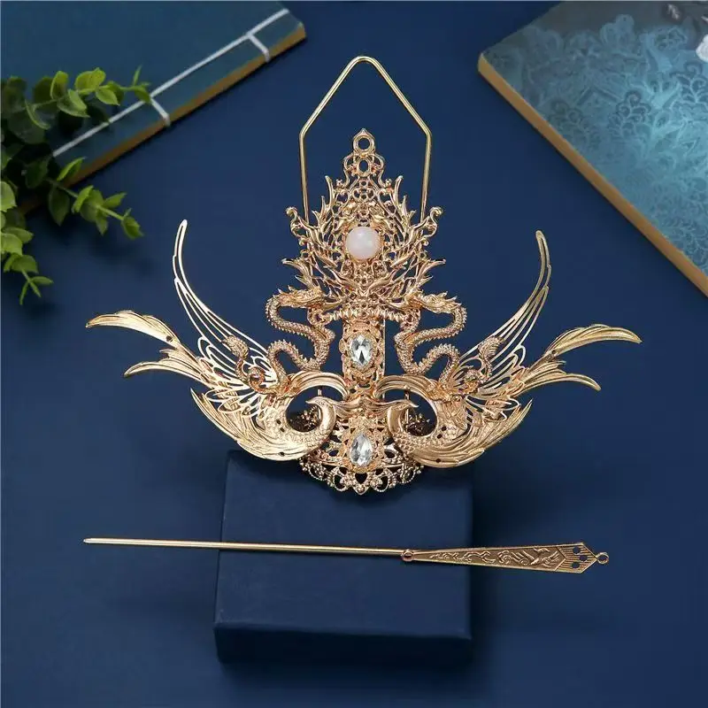 Unisex Chinese Acient Style Hanfu Golden Queen Headpiece Fairy Knight Hair Crown Versatile Ming Dynasty Hair Binding Crown