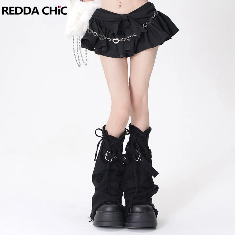 

ReddaChic Self-belt Bandage Black Leg Warmers for Women Denim Gothic Lolita Style Cross Stitch Knee Long Socks Y2k Boots Cover