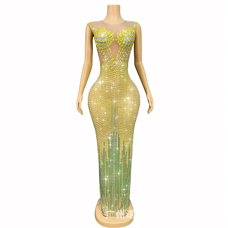 Luxury Rhinestone Temperament Contrasting Colors Slim Dress Wedding Emcee Performance Clothes Birthday High-end Dress Abendkleid