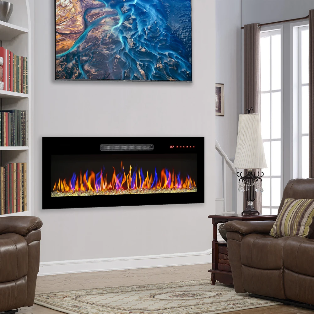 36 inch recessed ultra thin tempered glass front wall mounted electric fireplace with remote and multi color flame & emberbed