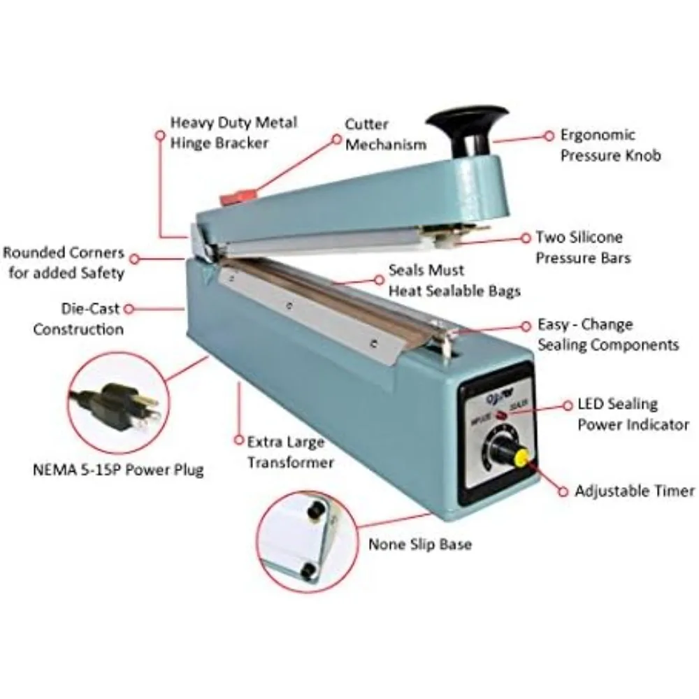 Sigillatrice manuale per sacchetti a impulsi da 12/300 mm con alloggiamento resistente e trasformatore in rame con kit di riparazione 110 Volt