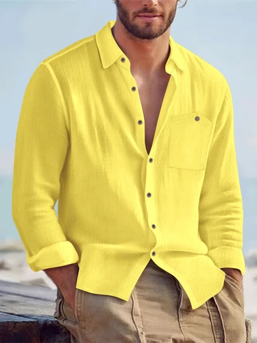 Imagen 1 del producto Camisa de manga larga de algodón y cáñamo para hombre, camisa holgada informal con cuello de bolsillo, otoño 2025