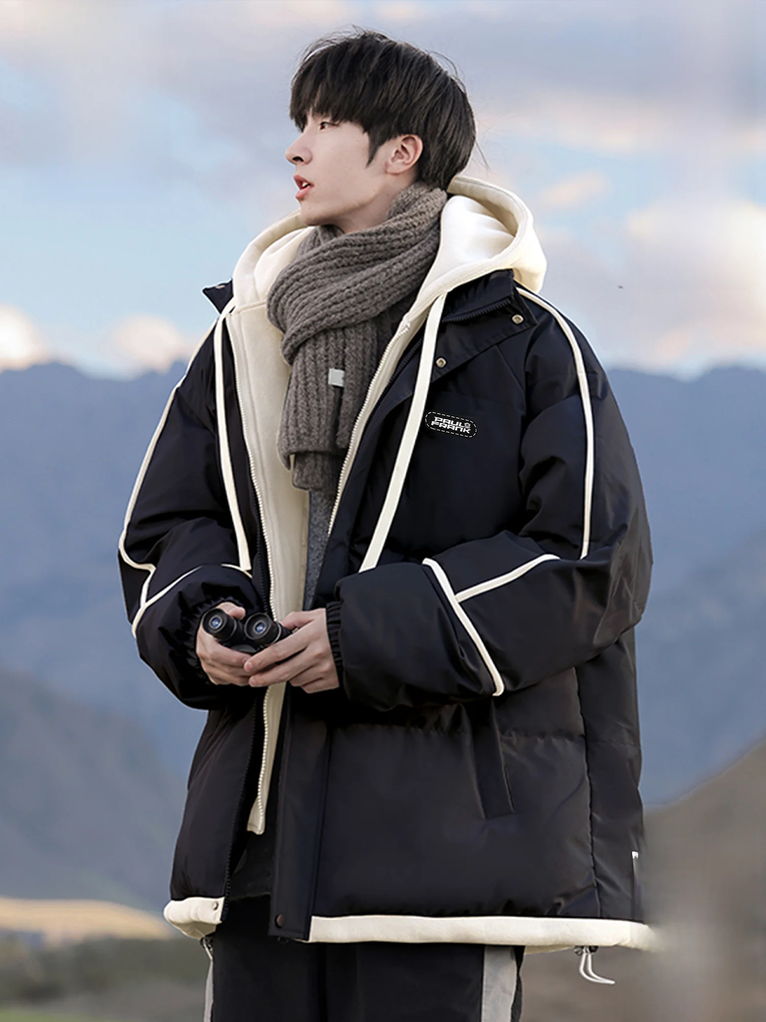 

PaulFrank Monkey Hooded Cotton Jaet Men's Winter Warm Casual Coat Thiened Polyester Fiber Long Sve Zipper Closure