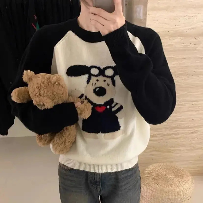 Hsa European Autumn and Winter New Fashion Round Neck Raglan Sleeve Contrast Cartoon Pattern Jacquard Versatile Knitwear Puppy