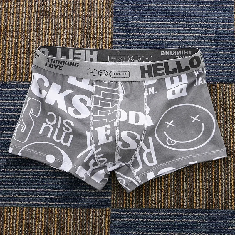 Men\'s Fashion Letter Print Trunks Youth Cotton Breathable Comfy Boxer Shorts Teenager Simple Mid-Rise Bulge Pouch Sports Panties