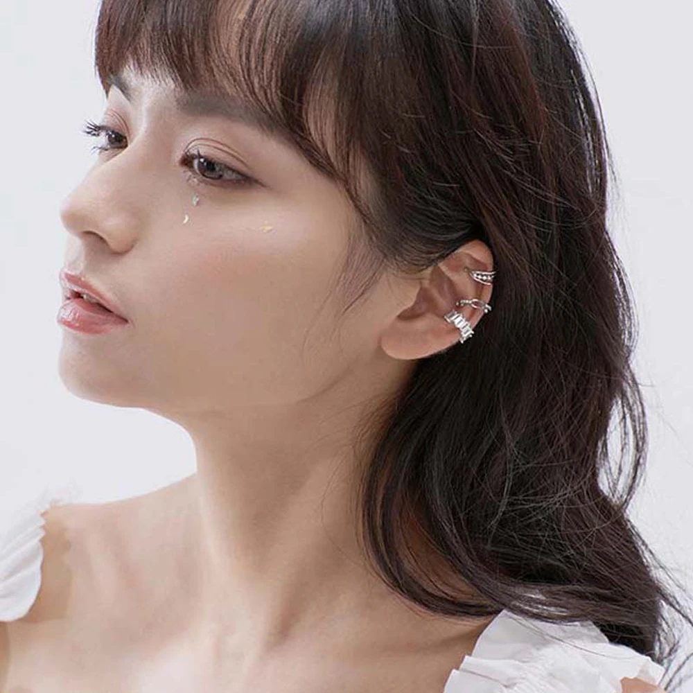 Elegant Hip hop Crystal Punk S925 Women Ear Cuffs Non Piercing Ear Clips Multi-layer Ear Bone Clip