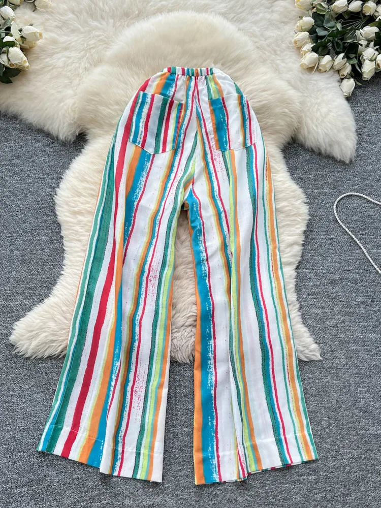 Hoge taille casual broek dames zomer 2025, nieuwe Faion dunne wijde pijpen gestreepte lange broek woon-werkverkeer Sle Koreaanse versie