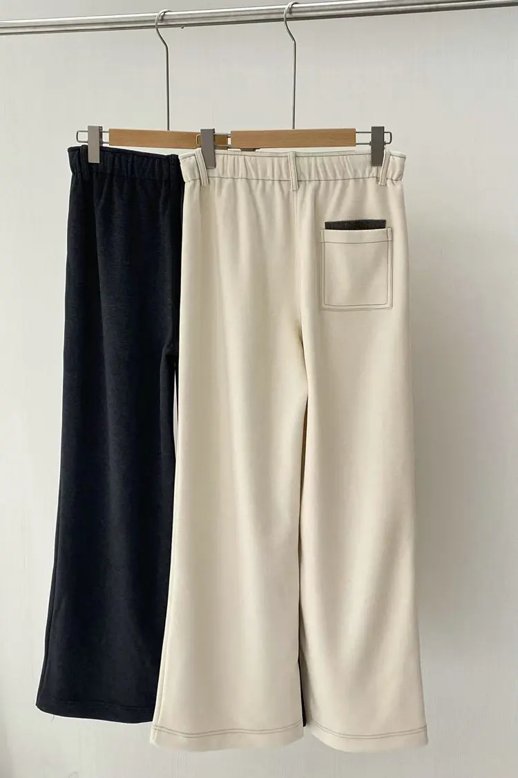 Autumn Winter Women's Wool Blend Trousers Bead Chain Elastic Waist Straight Loose Ladies Wide Leg Pants