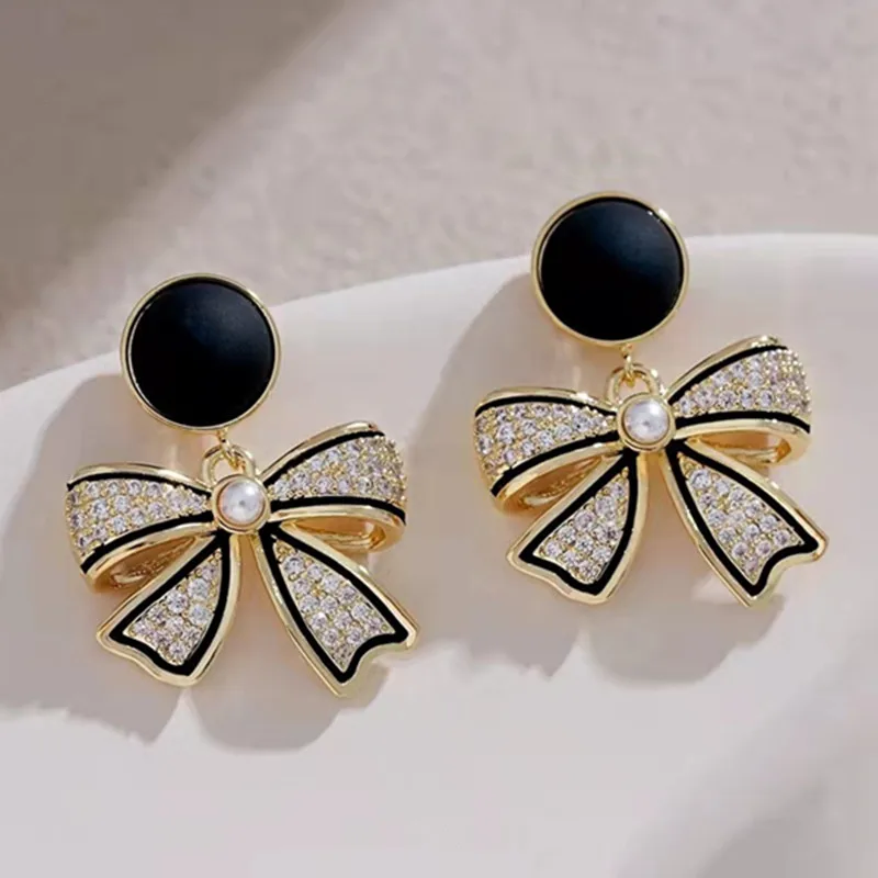 Korean Style Black Bowknot Dangle Earrings for Women Rhinestone Heart Shape Geometric Tassel Earrings Weddings Party Jewelry Gif