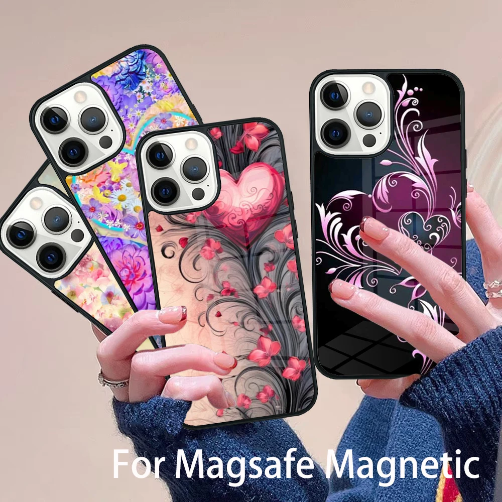 

Cute Flower Heart Painted Phone Case Magesafe Magnetic Wireless Charge Cover For IPhone 16 11 12 13 14 15 Pro Max Plus Mini