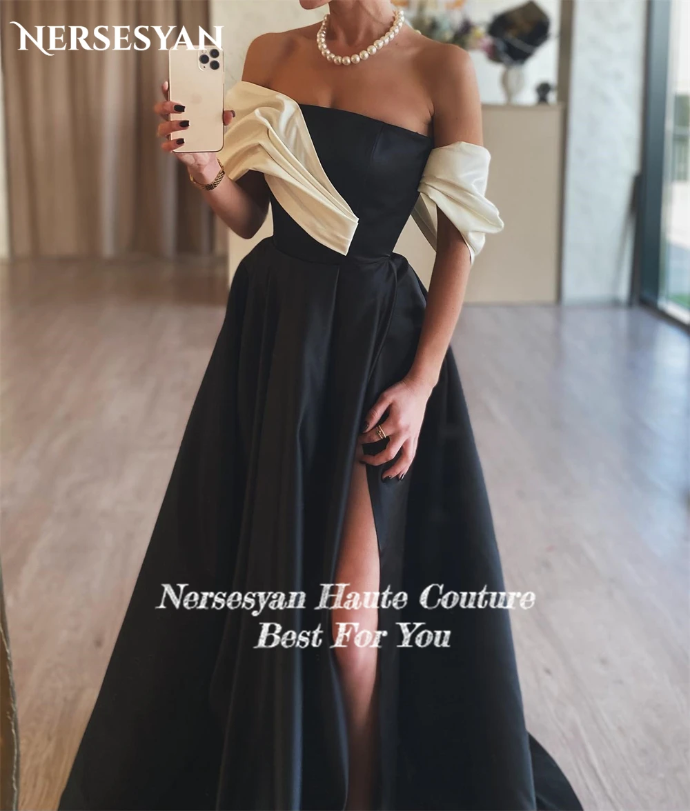 Nersesyan Saudi Arabia Formal Evening Dresses One Shoulder A-Line White And Black Prom Dress Side Slit Celebrity Party Gowns