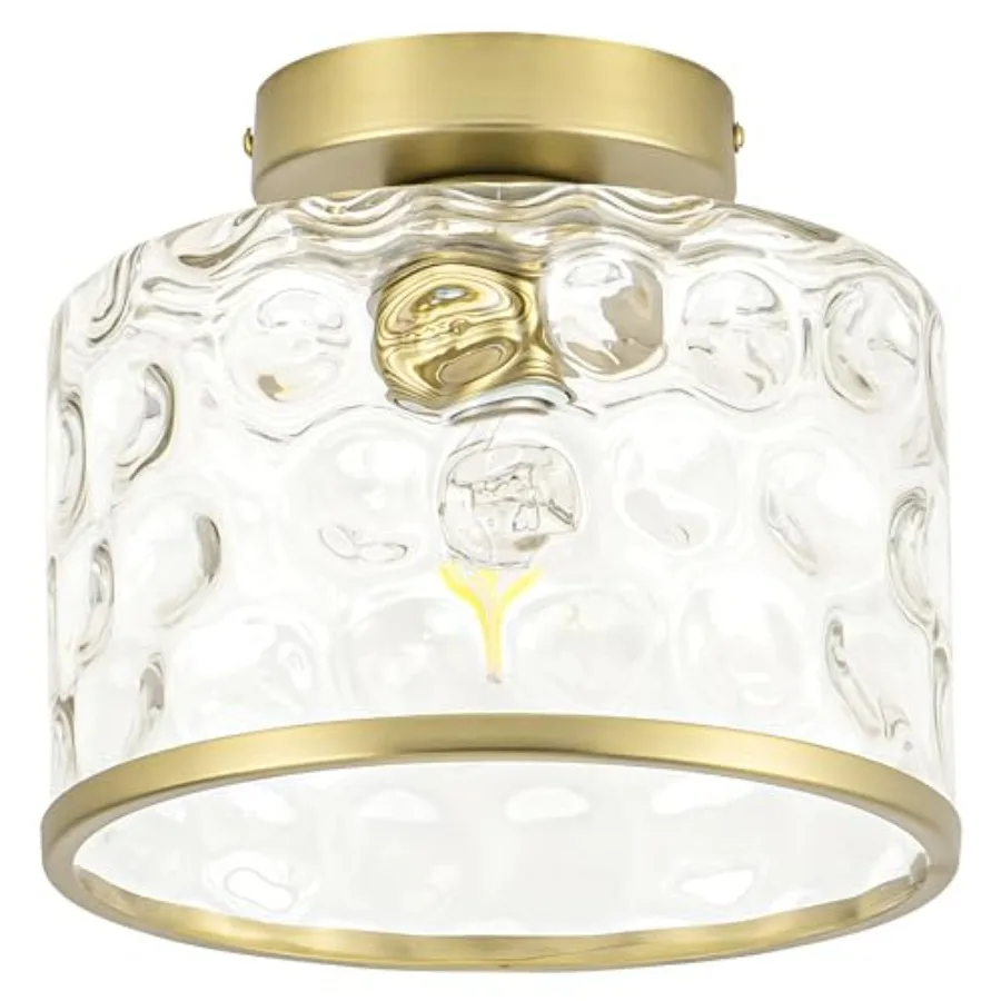 Flush Mount Ceiling Light with Clear Hammered Glass lampshade, Farmhouse Ceiling Lights Fixture in Satin Brass for Kitchen Bath