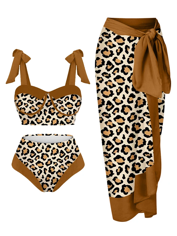 Leopard Colorblock Print Bikinis Set 2023 New Swimwear Summer Female Biquini 2 Piece  and Cover Up Women Fashion Swim Suit