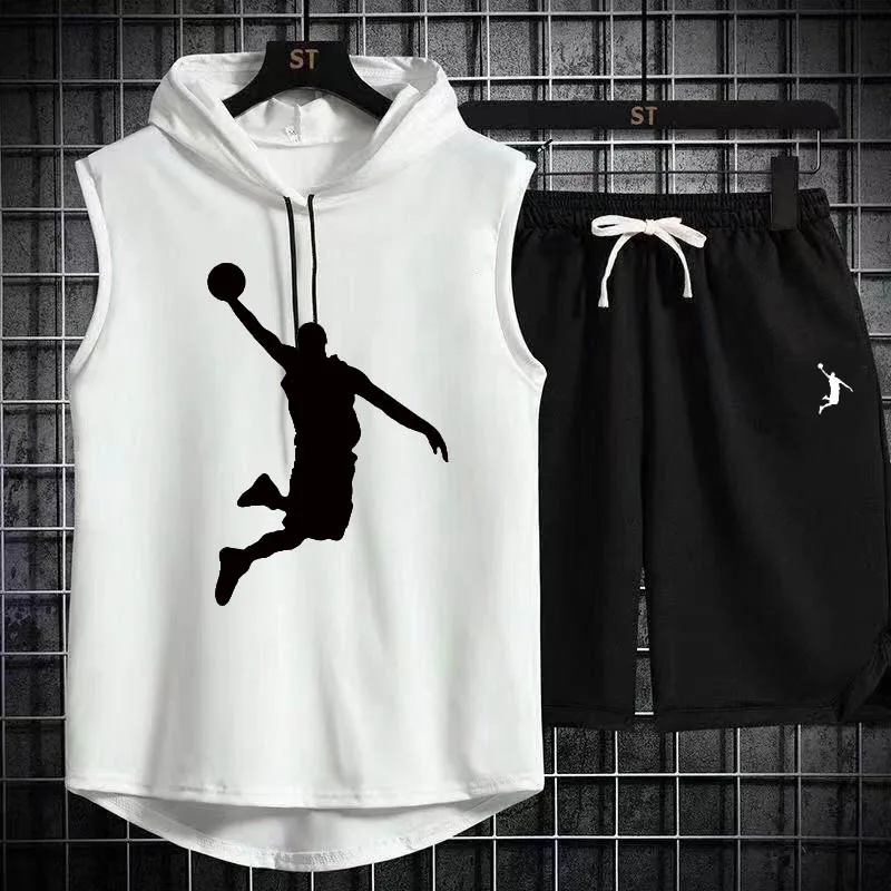 New Summer Mens Muscle Hoodie Vest Sleeveless Bodybuilding Gym Workout Fitness Shirt High Quality Vest Hip Hop Sweatshirt suit