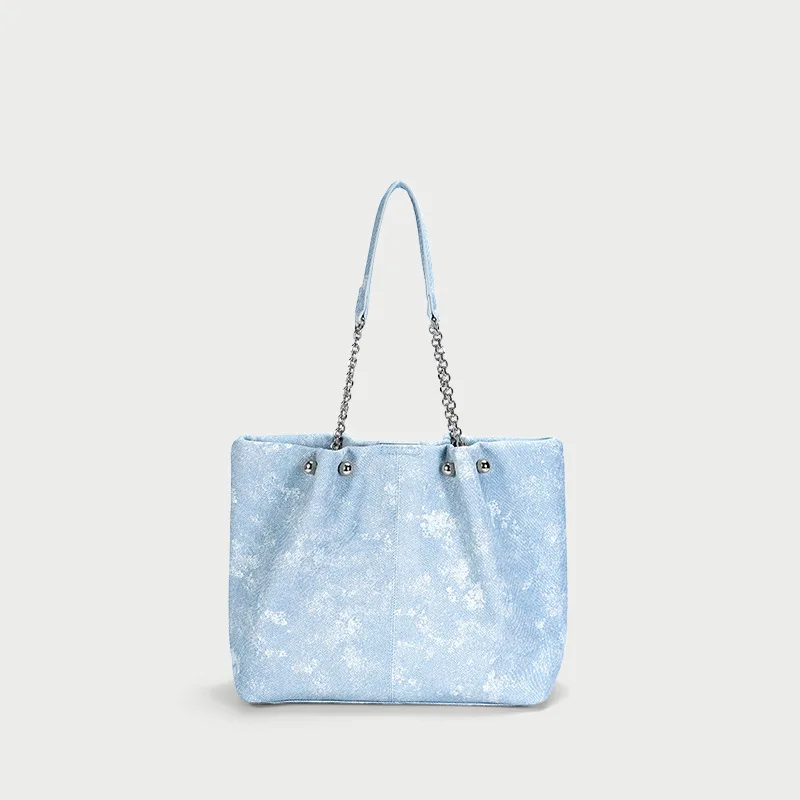 Women Large Capacity Tie-dye Denim Tote Bag Chain Shoulder Handbag Casual Commuter Ladies Shopper Bag