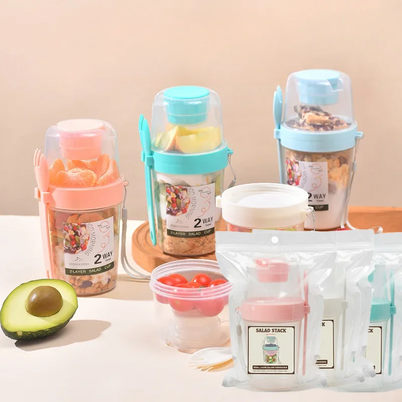 Juego de 4 Recipientes Portátiles para Desayuno, Ensaladas, Yogur, Cereales, Aperitivos, Parfaits, con Tapa y Compartimentos para Aderezos