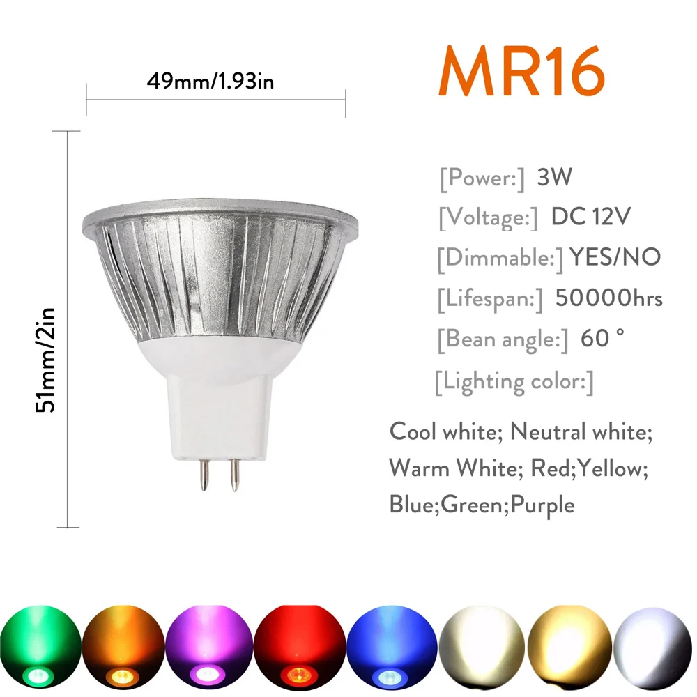 Dimmable GU10 GU5.3 MR16 LED Spotlight 3W Multicolor LED Light Bulb 110V/220V 12V LED Lamp For Home Office 60Degree Lighting