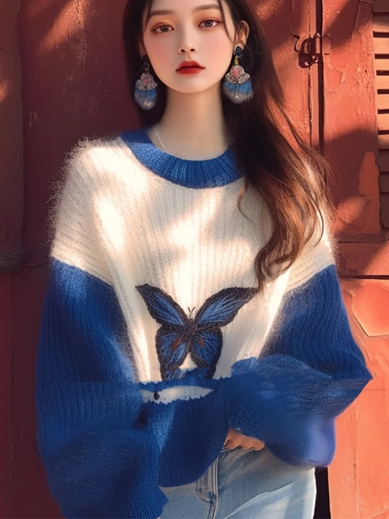 Damskie swetry vintage chic z żakardowej wełny, dzianinowe, jesienno-zimowe, modne, do pracy, luźne, ciepłe, grube.