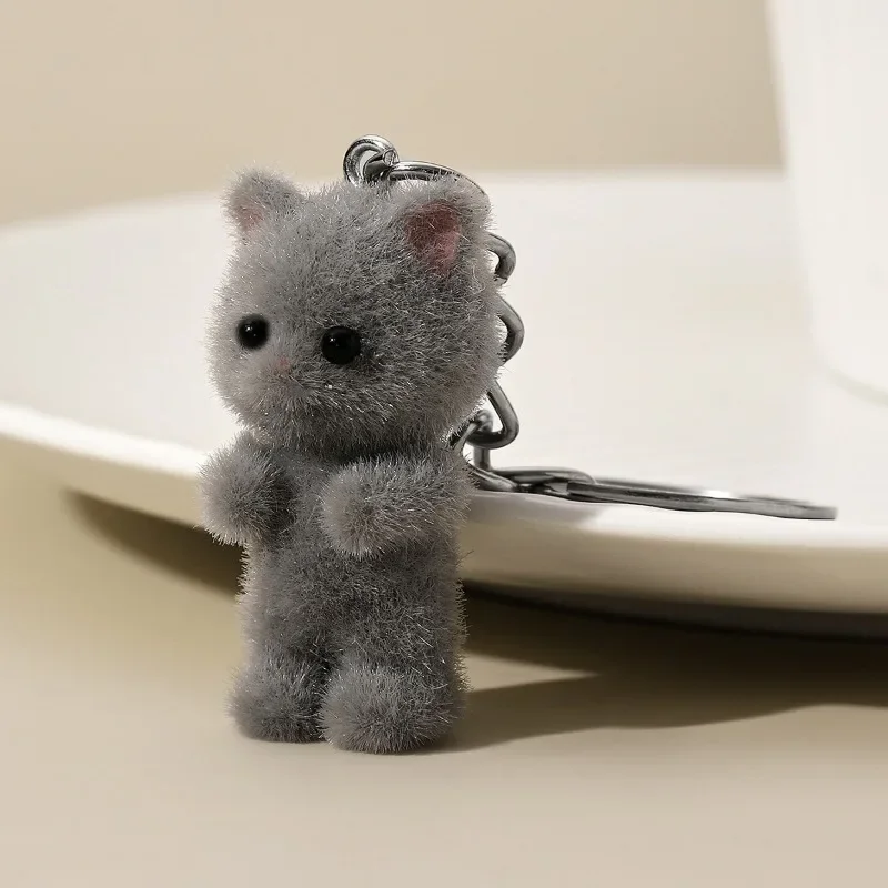 Cute 3D Flocking Kitten Small Bear Keychain Resin Cat Couple Pendant Earphone Backpack Charms Bag Decor