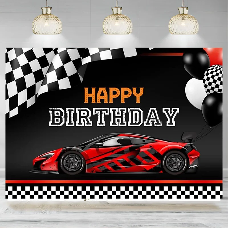 Racing Car Birthday Backdrop Photography Cool Red Car  Background Balloons Flags Boy Kid Toddler Party Decoration Banner