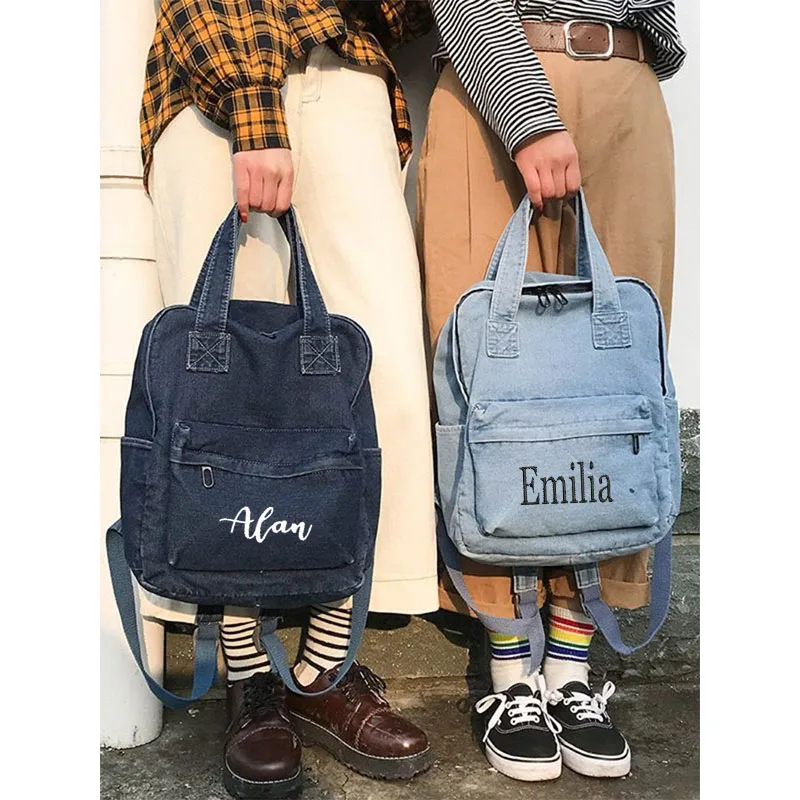 Personalized Name Handheld Denim Bag Student Denim Backpack Fashion Casual Student Gift Computer Backpack