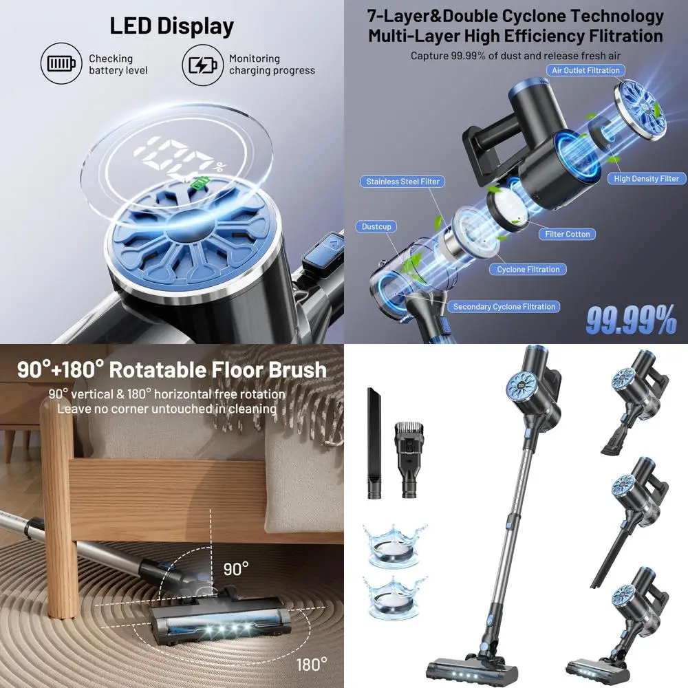 

Self-Standing LED Stick Vacuum Cleaner, Lightweight Powerful Suction for Home, 6-in-1 Rechargeable Vacuum for Carpets, Pet Hair,