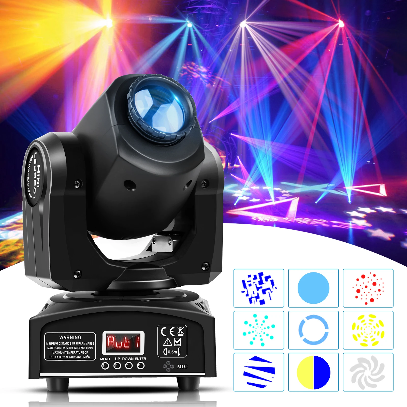 U' King-RGBW LED Moving Head Light, 8Gobos, 14 cores, luz do palco, holofotes DMX512, som ativado para DJ Party, iluminação de palco, 30W