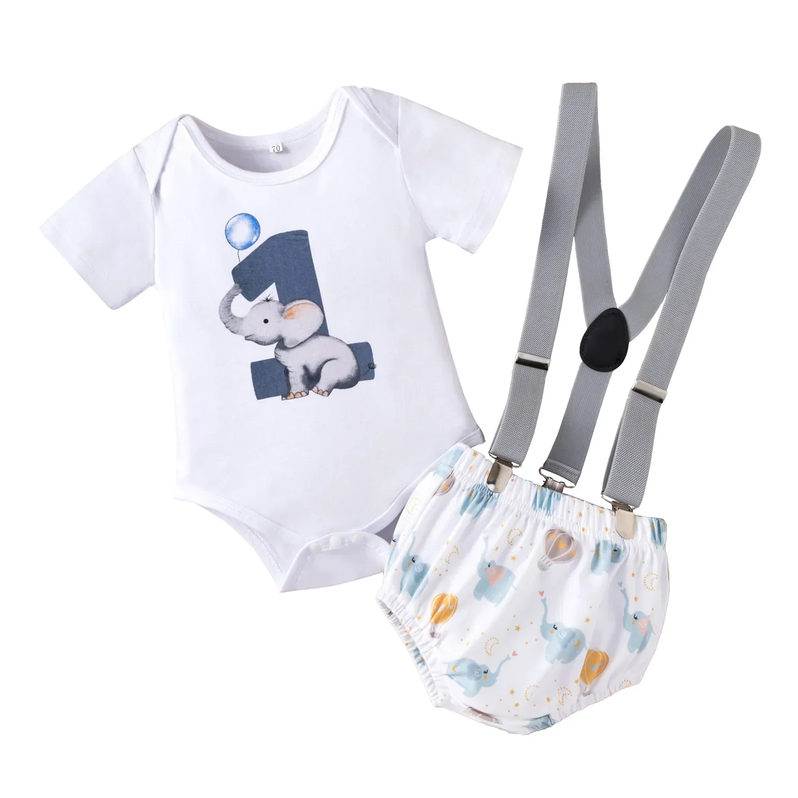 

Baby Boys Clothes Set Cute Cake Smash Outfit for Girls First Birthday Party Elephant Printed Bodysuits Suspender Shorts