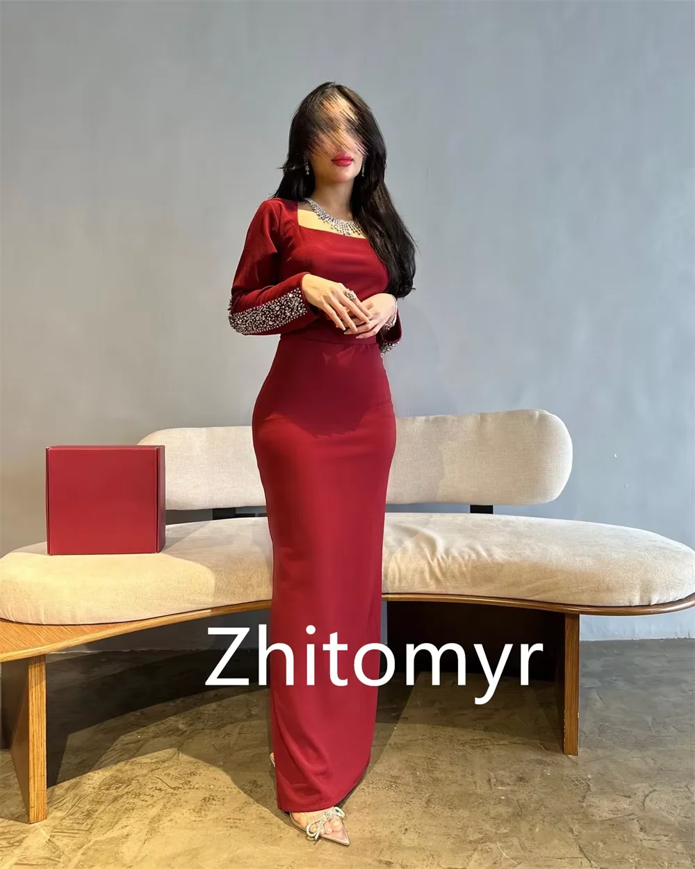 Abiti da ballo dritti personalizzati Abiti da sera a maniche lunghe con colletto quadrato alla caviglia Abiti da festa in cristallo di moda semplice