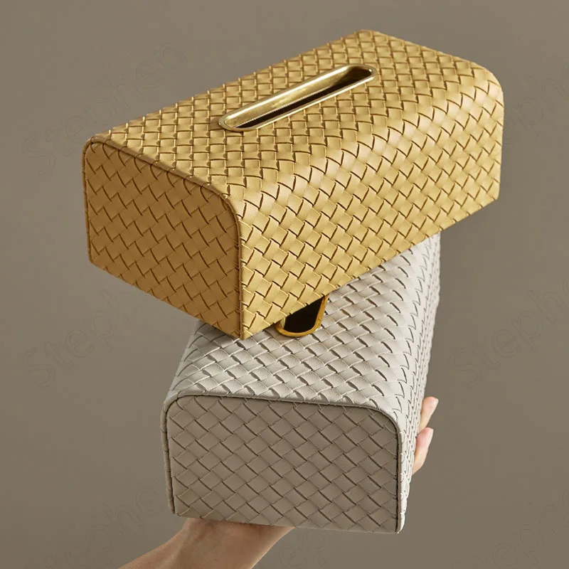 Creativity Woven Leather Tissue Boxes Nordic Simple Solid Color Golden Stroke Napkin Holder Household Desktop Paper Towel Box