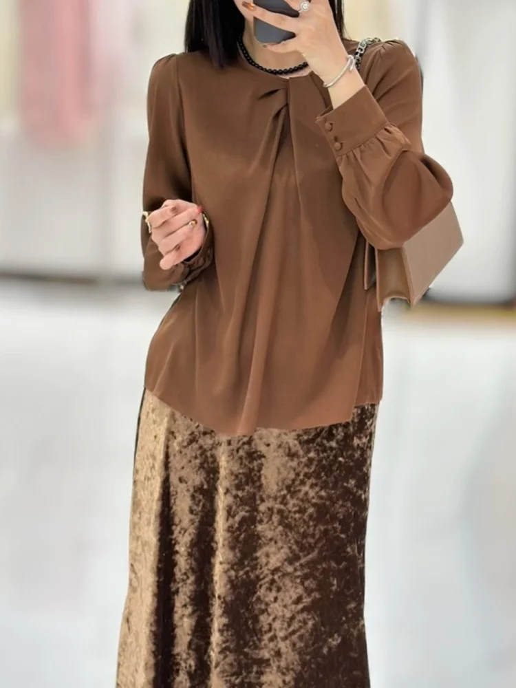 

Шелковая блузка женская из натурального шелка, плотная, с рукавами-фонариками, универсальная, на пуговицах, свободного кроя