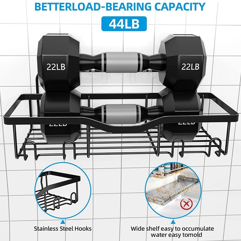 5 Pack Strong Adhesive Shower Organizer Shelf With Hooks. Rustproof Wall-Mounted Shower Shelves