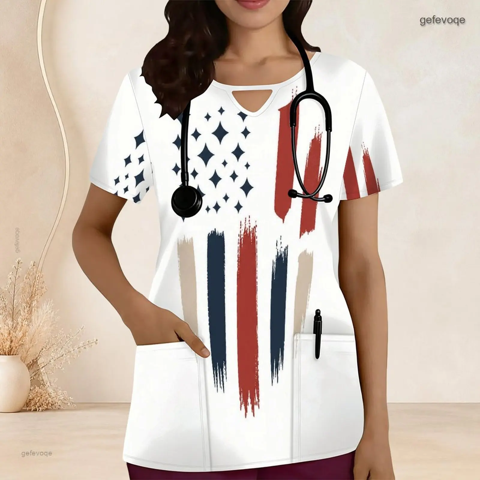Women Keyhole Neck Short Sleeve Front Pockets Printed Scrub Top