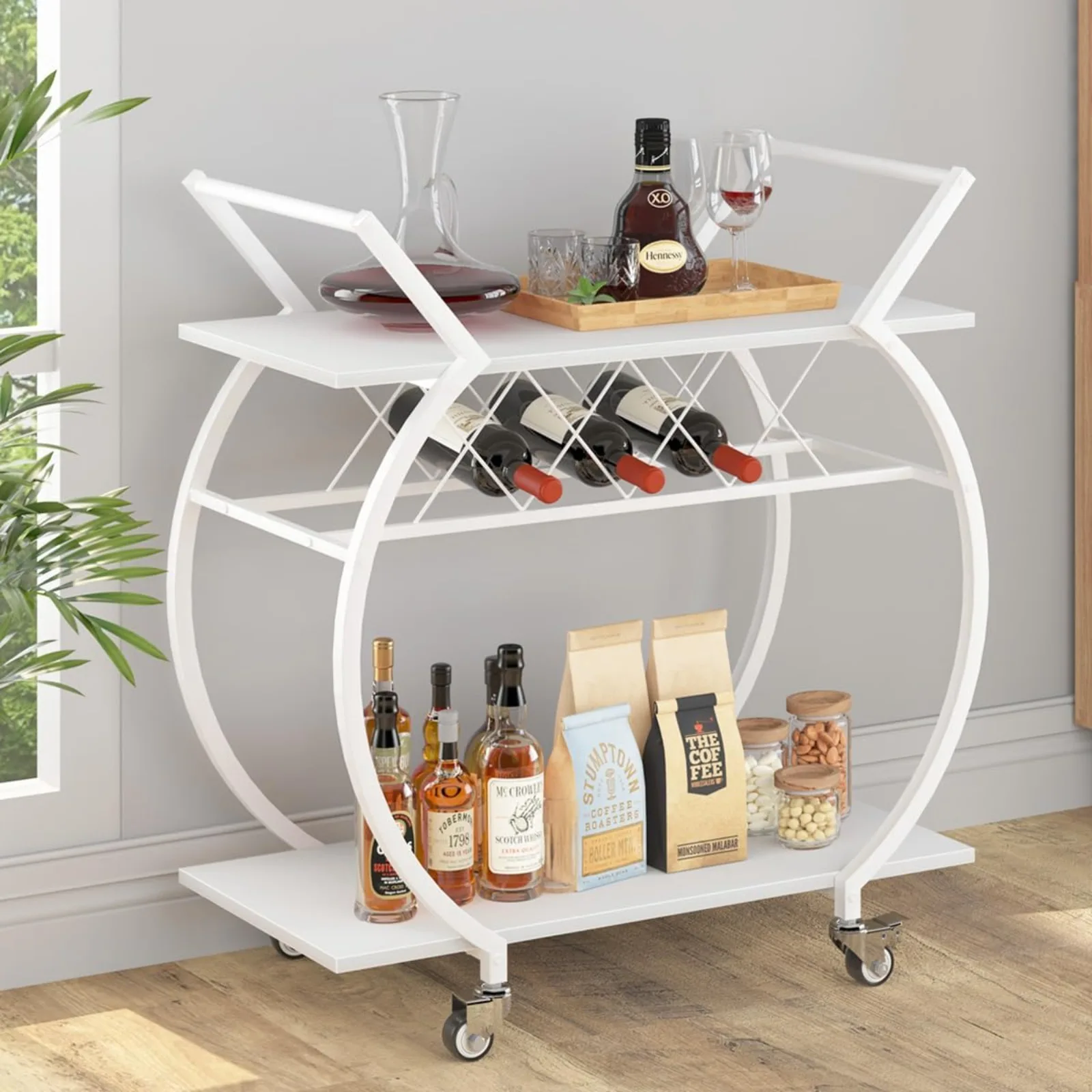 US White Bar Cart, Modern Rolling Serving Wine Cart with Storage, Industrial Wood Metal Kicthen Island Beverage Cart