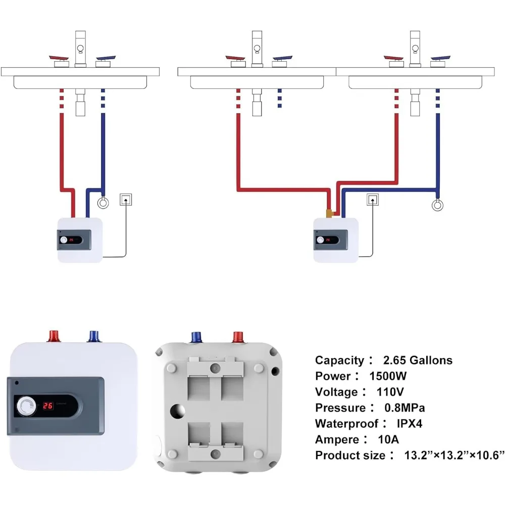 Elektryczny Mini-podgrzewacz zbiornik wody, 2.65 galon pod zlewem podgrzewacz ciepłej wody, 110V 1,5 kW punkt użytkowania na żądanie podgrzewacz ciepłej wody