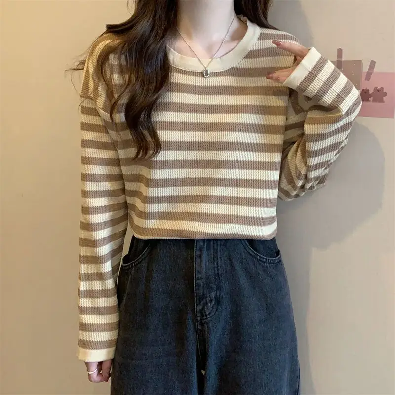 Sweet Striped Contrast T Shirts Spring Autumn New Long Sleeve Loose Youth All-match Korean Tops Fashion Casual Women Clothing