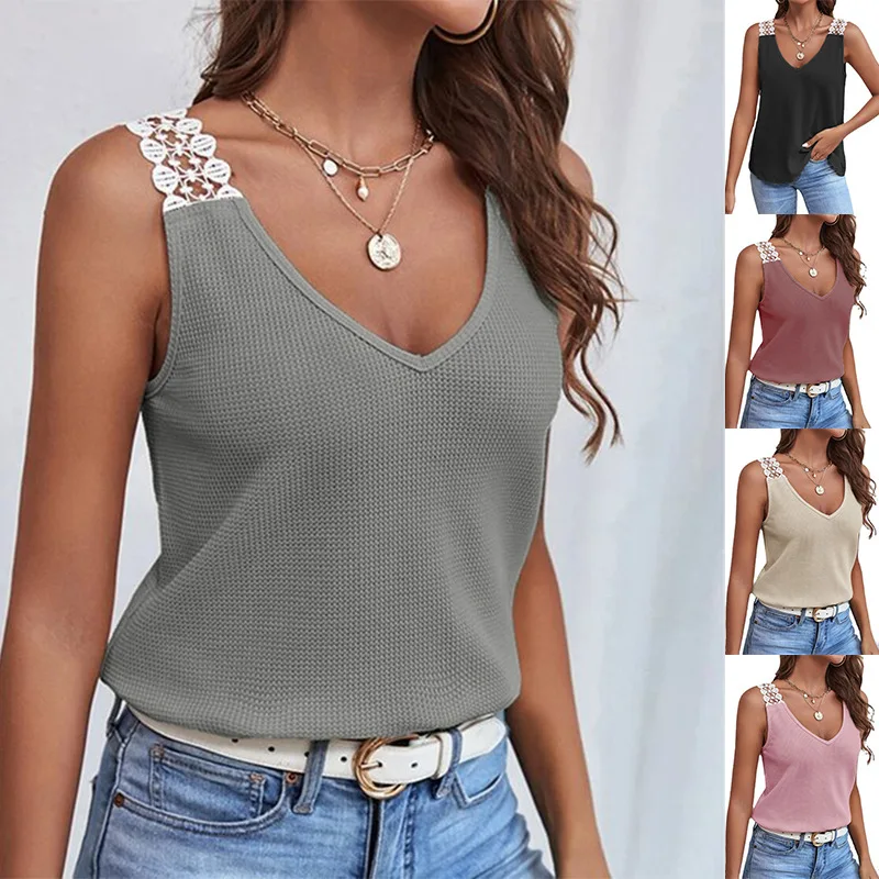 

2024 Europe and the United States New Womens Solid Color Casual Lace Waffle Splicing Undershirt T-shirt Tops Ladies Daily Tshirt