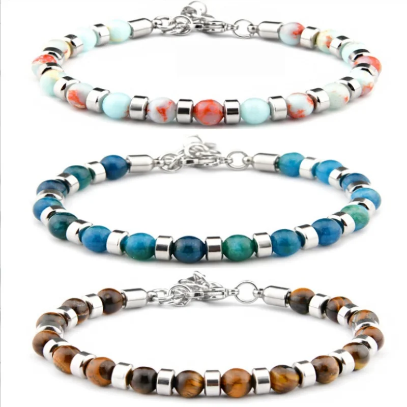 Trendy Unique Natural Stone Beaded Bracelet, Stainless Steel Chain Wristband Bracelet, Classic Tiger Eye Stone Jewelry for Men