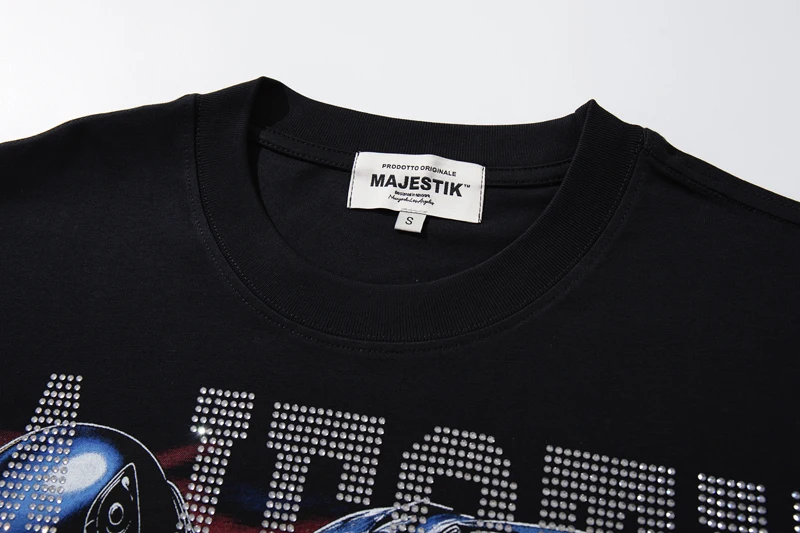 Silver Red Splicing Hotfix Rhinestone Letter Summer MAJESTIK Tshirt Racing Print Balck Round Neck Short Sleeve Men Women Tops
