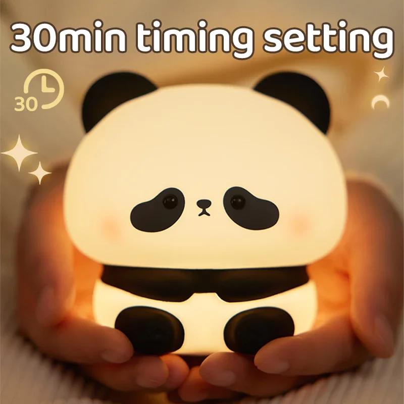 Cute Panda LED Night Light, Silicone Night Light, USB Rechargeable, Touch Night Lamp, Bedroom Timing Lamp Decoration, Children's