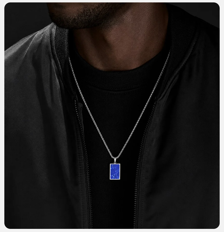 Vnox Herren Edelstahl Halskette mit Boxkette und Hundemarken-Anhänger, Tigerauge, Türkis, Sodalith, schwarze Emaille, geometrischer Schmuck, Geschenk – Detail 3