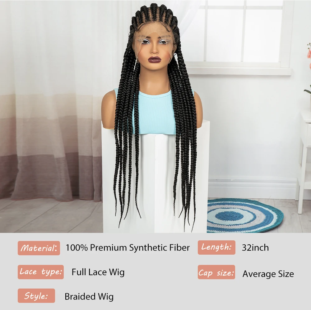 32In Full Lace Cornrow Braided Wigs Synthetic Braiding Hair Wigs Knotless Lace Frontal Braids Wig with Baby Hair for Black Women