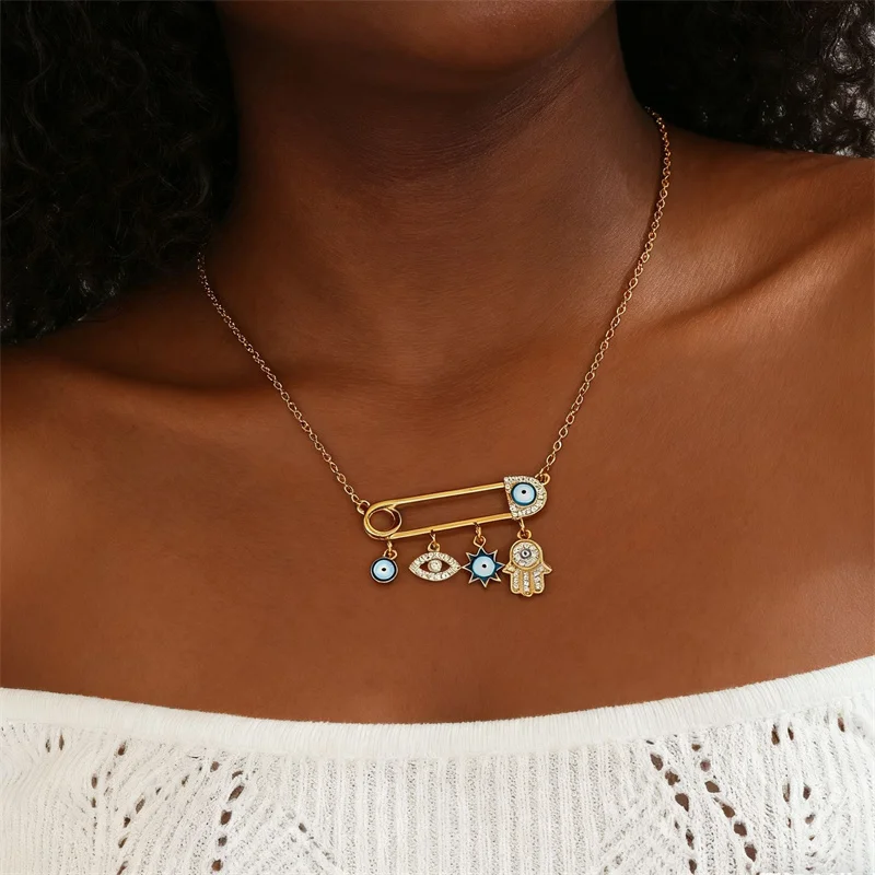 

Stainless Steel Safety Pin Clip Zircon Evil Eye Pendant Necklace For Women Turkish Lucky Evil Eyes Palm Sun Metal Choker Jewelry