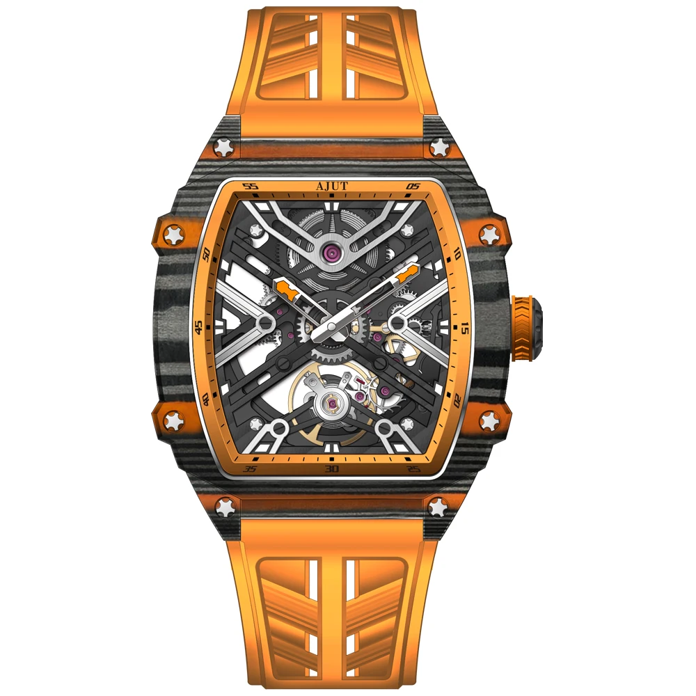 ساعات أوتوماتيكية من AJUT للرجال بحركة ميكانيكية من ألياف الكربون ساعة هيكل عظمي للرجال فاخرة عالية الجودة 0519