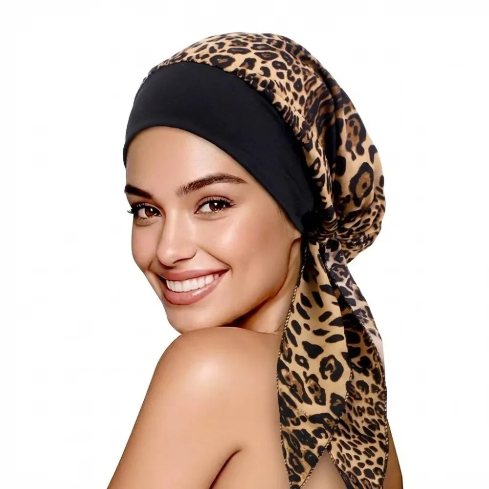 Flower Print Muslim Hijab Hat Long Tail Design Elastic Fabric Chemo Beanies Cap Soft Material Adjustable Fit Bandanas Hat