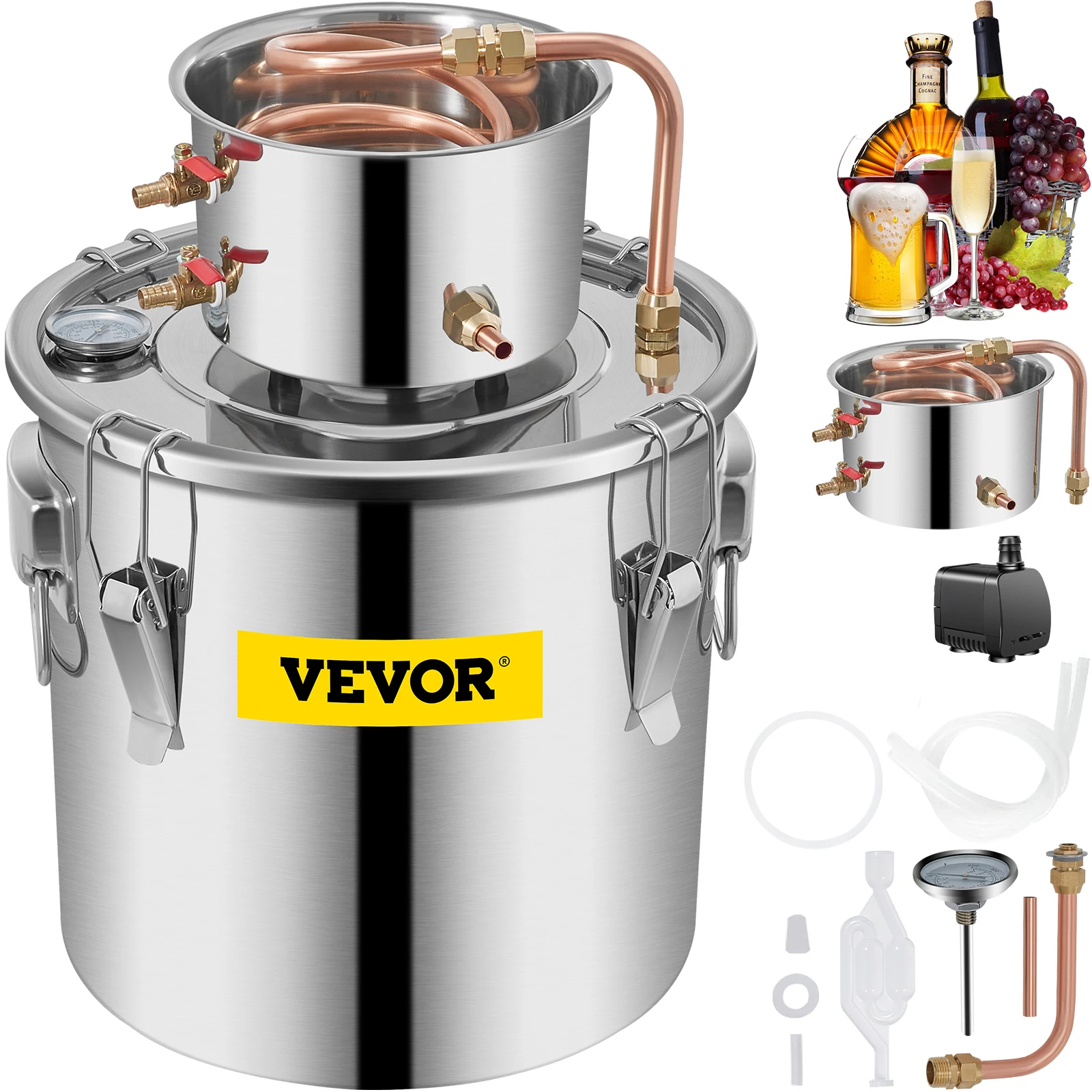 VEVOR 3 5 8 جالون المقطر Moonshine الكحول المشروب المياه النبيذ زيت طبيعي تخمير عدة الفولاذ المقاوم للصدأ النحاس مع مضخة للمنزل DIY بها بنفسك