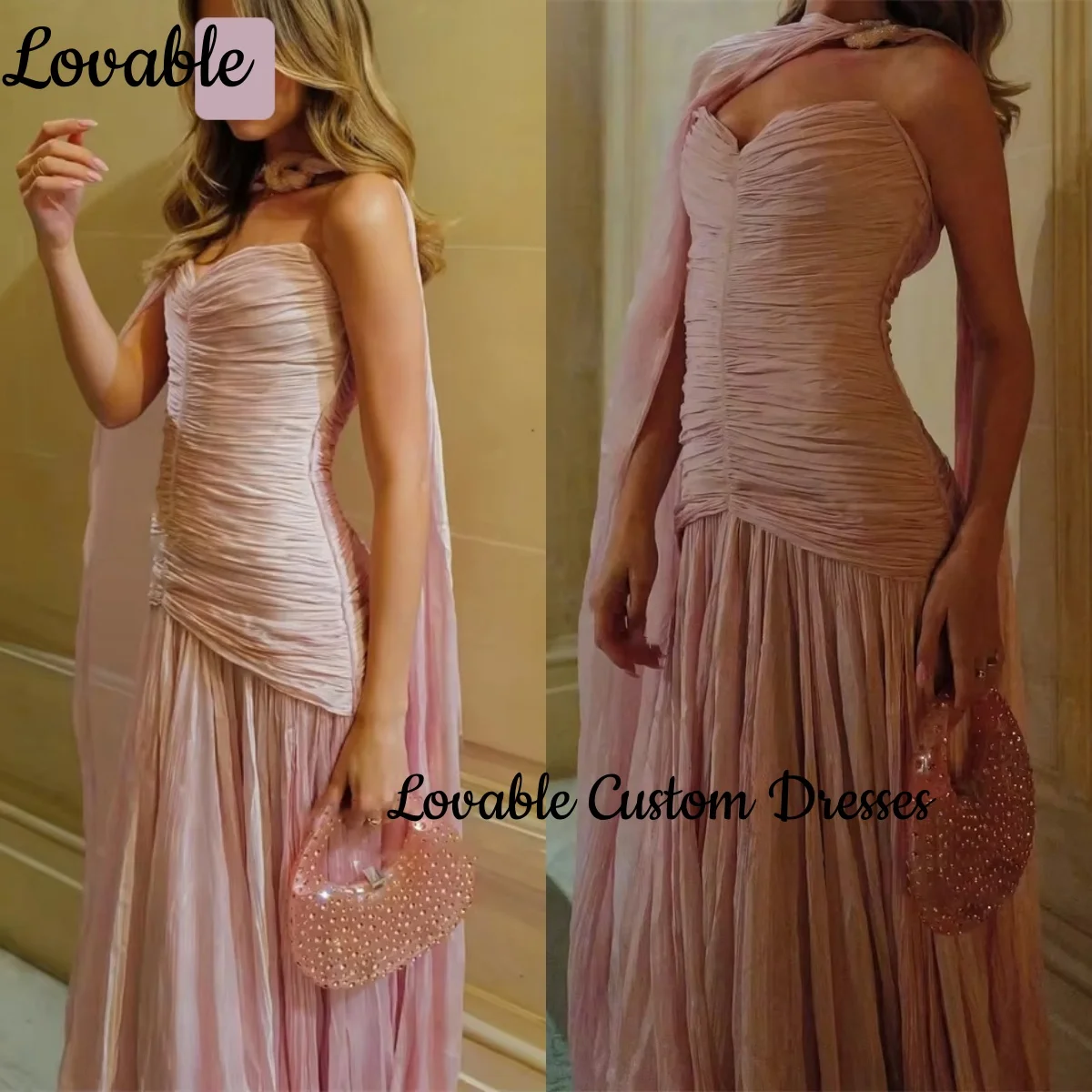 Personalizar vestido de noite coluna rosa mangas compridas querida vestido de festa de casamento até o chão plissado zíper até vestidos formais