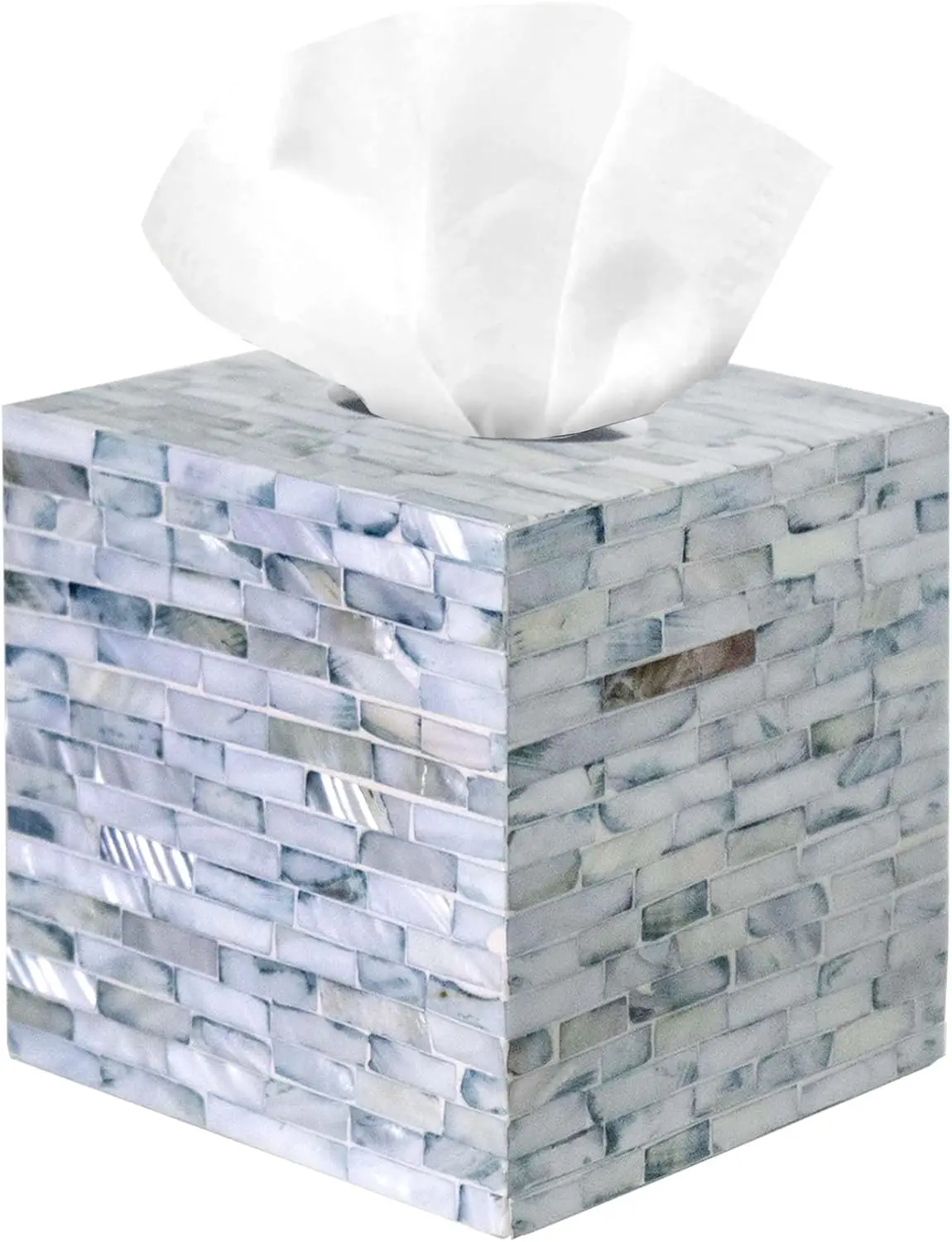 

Handmade Mother of Pearl Tissue Box Cover - Acacia Wood Cube, Fits 5" Square Boxes, Sliding Bottom, Blue Lacquer Farmhouse Decor